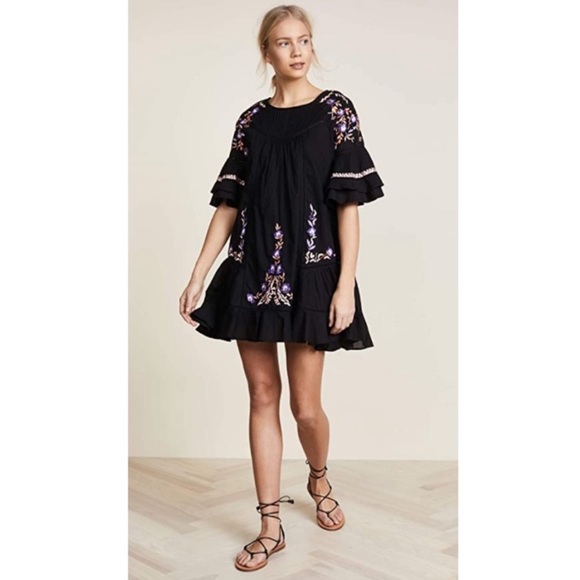 Free People Pavlo Embroidered Babydoll Tunic Mini Dress Black Floral Boho XS - Picture 2 of 12